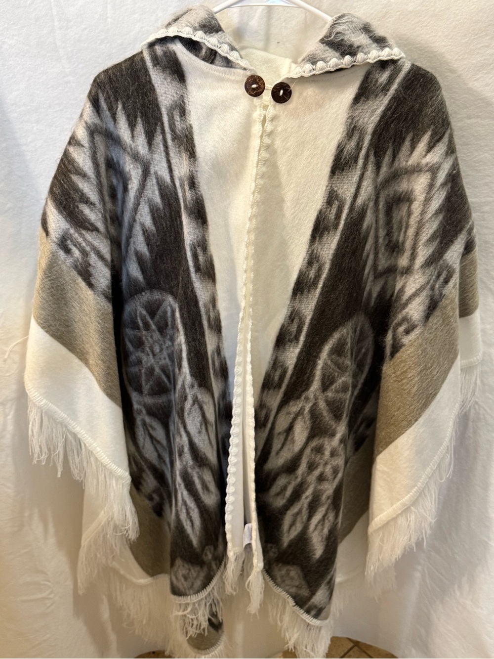 Alpaca blend Neutral Patterned Hooded Poncho